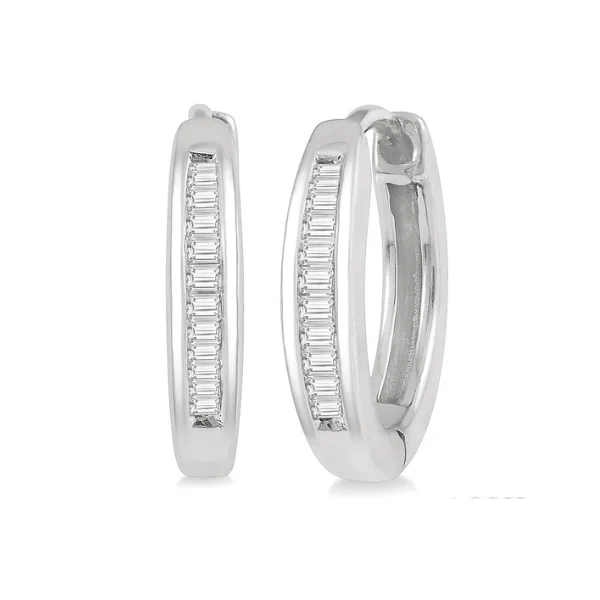 women's earrings luxury diamond cut -1/10 ctw Inlay Baguette Diamond Huggie Earrings in 10K White Gold