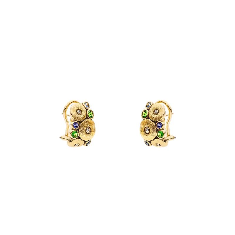 women's earrings ethically sourced -18 Karat Yellow Gold Orchard Huggie earrings with Tsavorites, Blue Sapphires and Diamonds