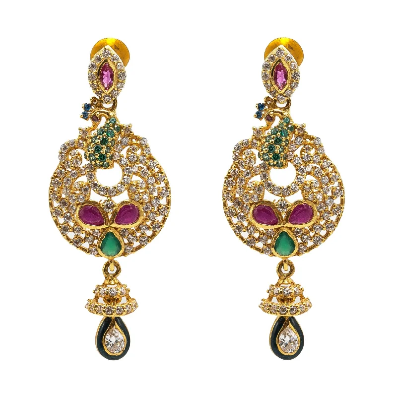 women's earrings special occasion -22K Yellow Gold Drop Earrings W/ Rubies, Emeralds, CZ Gems & Round Peacock Pendants