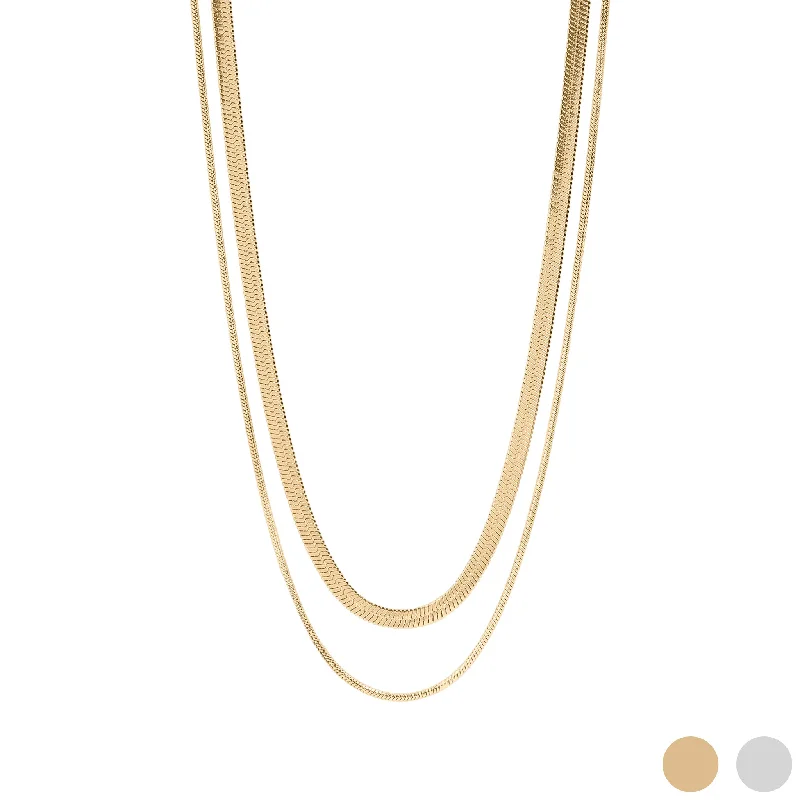 women's necklaces bold statement -18K Gold PVD Stainless Steel Herringbone and Snake Layered Chain Necklace / CHN0025