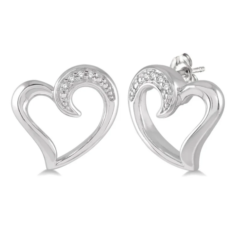 women's earrings high-polish finish -Sterling Silver 1/50 Carat Diamond Heart Earrings