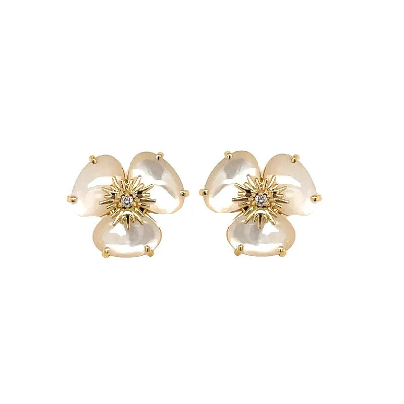 women's earrings statement piece -Pearlized Quartz Flower Pansy Earrings, 18K Yellow Gold