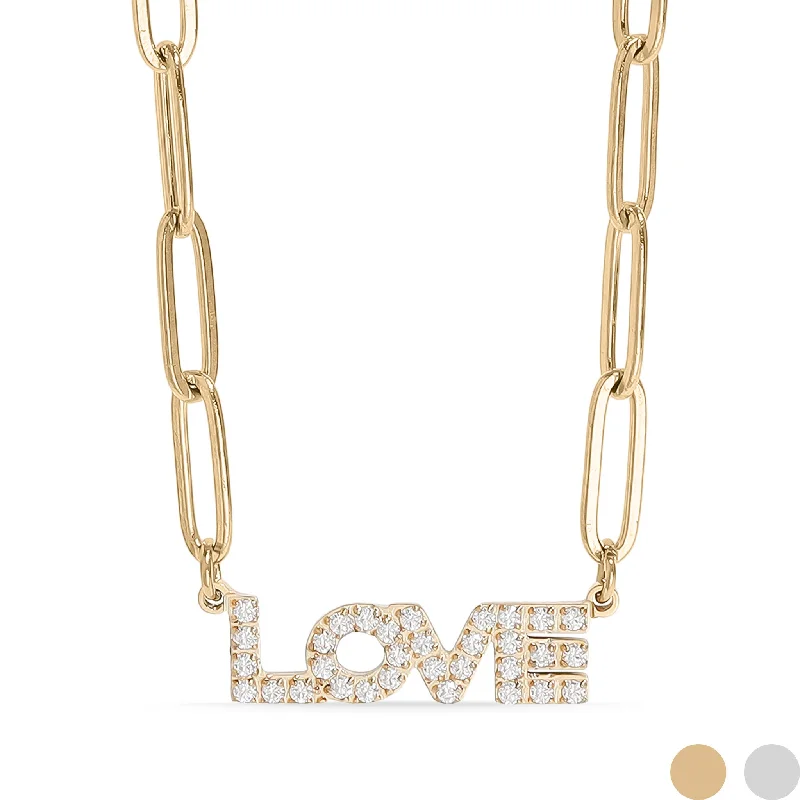 women's necklaces everyday wear -18K Gold PVD Stainless Steel Stone "Love" Paperclip Chain Necklace / CHN9974