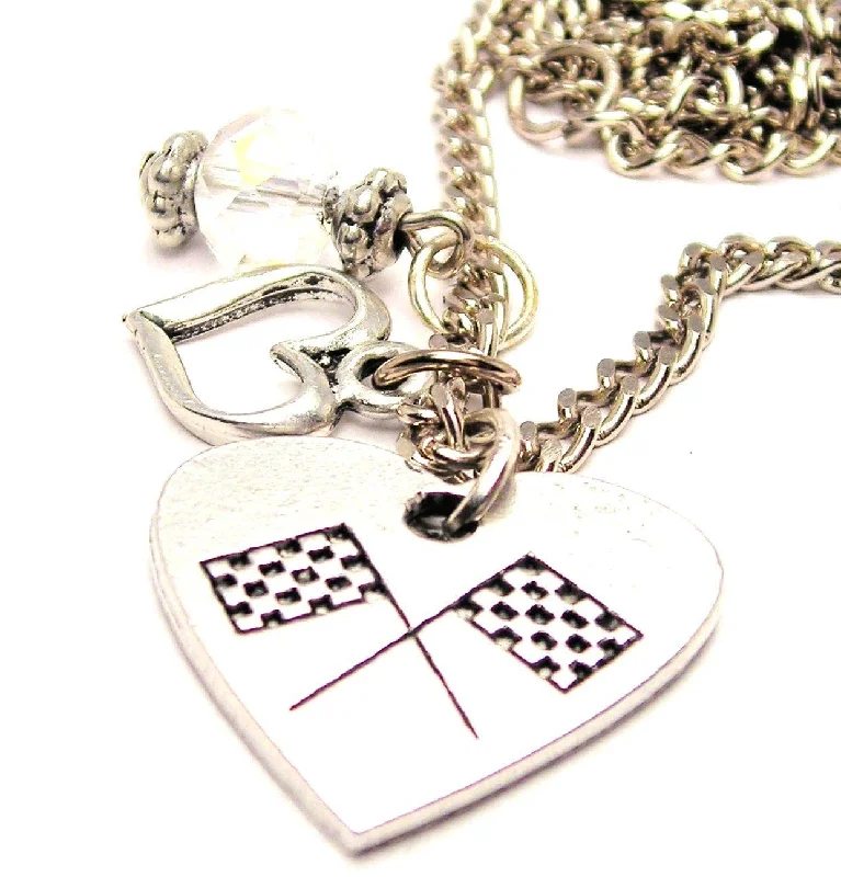 women's necklaces luxury gold pendant -Crossed Race Flags In A Heart Necklace with Small Heart