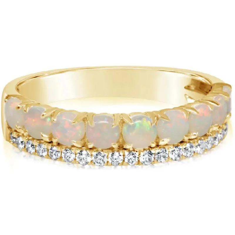 women's ring handcrafted statement -14K Gold Opal & Diamond Line  Band