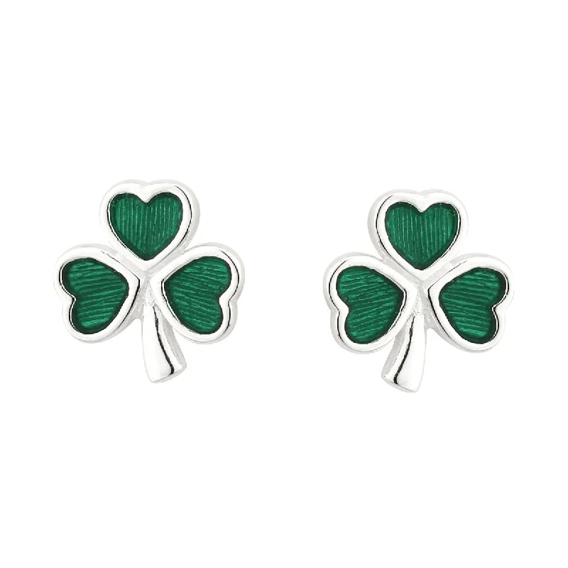 women's earrings silver -Sterling Silver Green Enamel Shamrock Stud Earrings - S3147