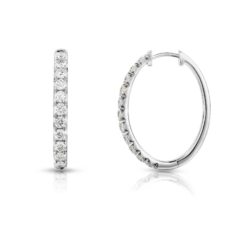 women's earrings minimalist bar drop -Diamond Hoop Oval Earrings, .97 Carat, 14K White Gold