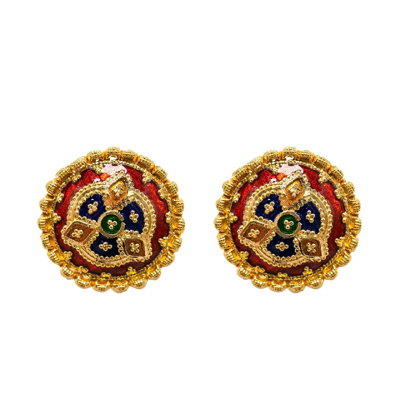 women's earrings glamorous evening wear -22K Yellow Gold Stud Earrings W/ Hand Painted Finish & Rounded Cluster Outline