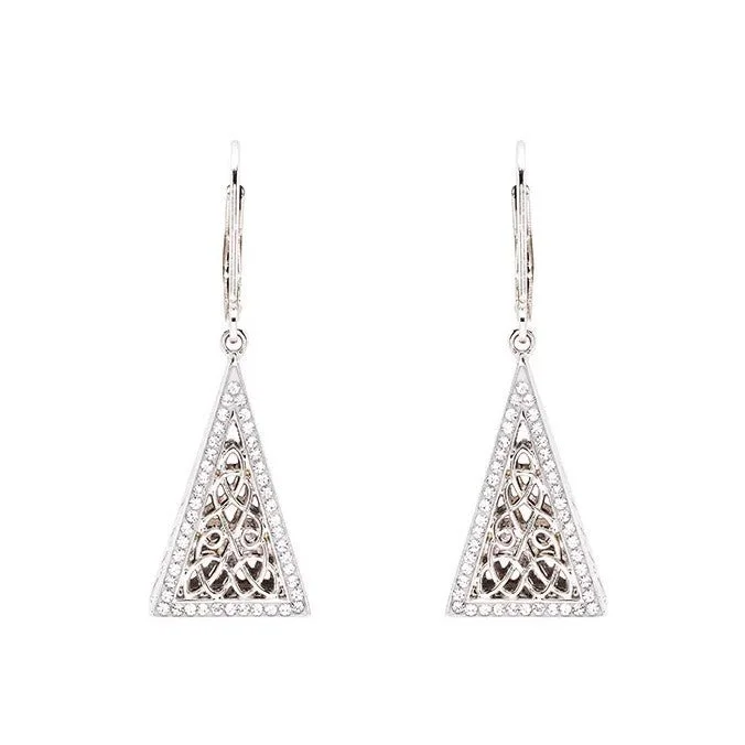 women's earrings casual everyday wear -Sterling Silver White Crystals Celtic Triangle Earrings SW240