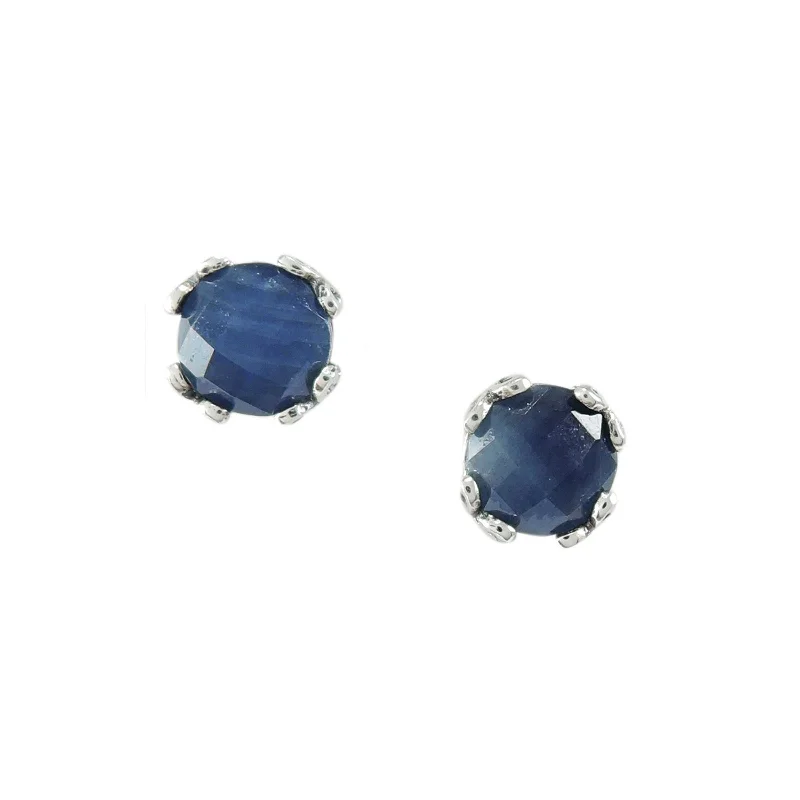 women's earrings pearl -Round Blue Sapphire Stud Earrings, Sterling Silver