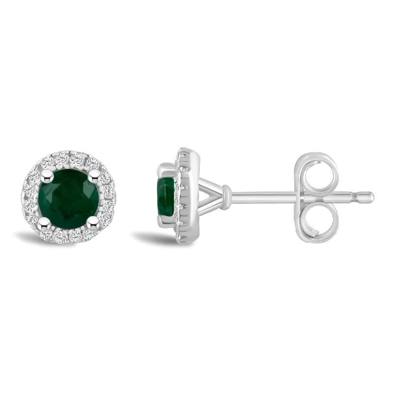 women's earrings best seller -Round Emerald and Diamond Halo May Birthstone Earrings in Sterling Silver