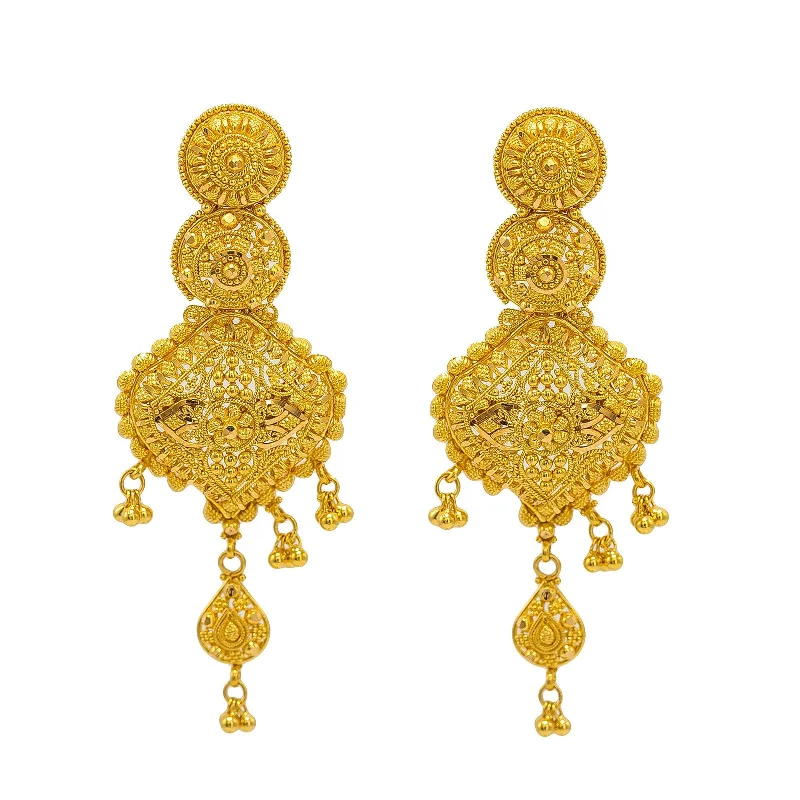 women's earrings hoop design -22K Yellow Gold Drop Earrings W/ Beaded Filigree & Double Drop Design