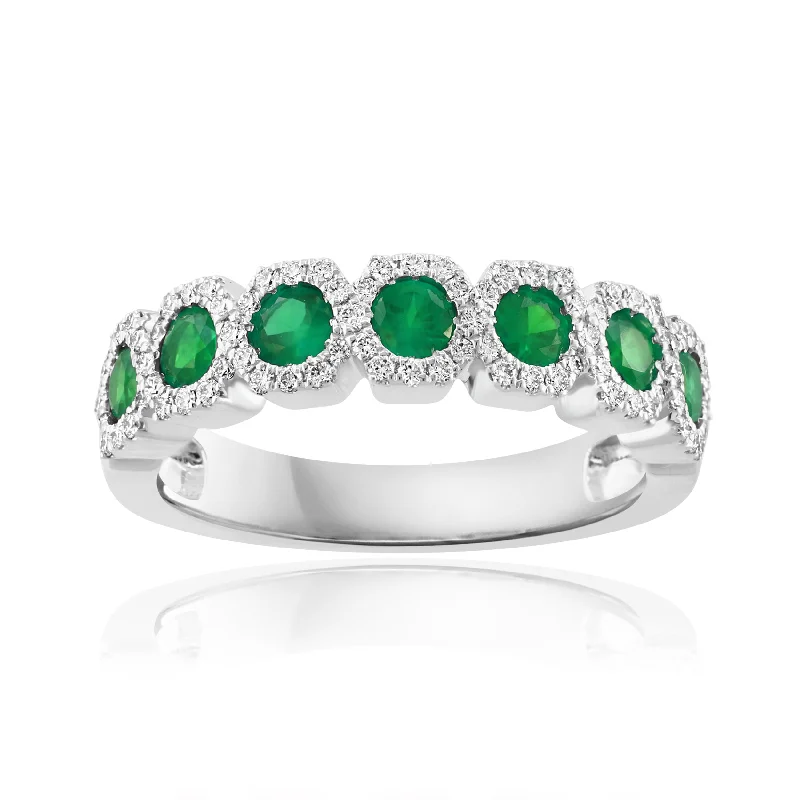 women's ring adjustable open band -14K White Gold Emerald & Diamond Anniversary Band