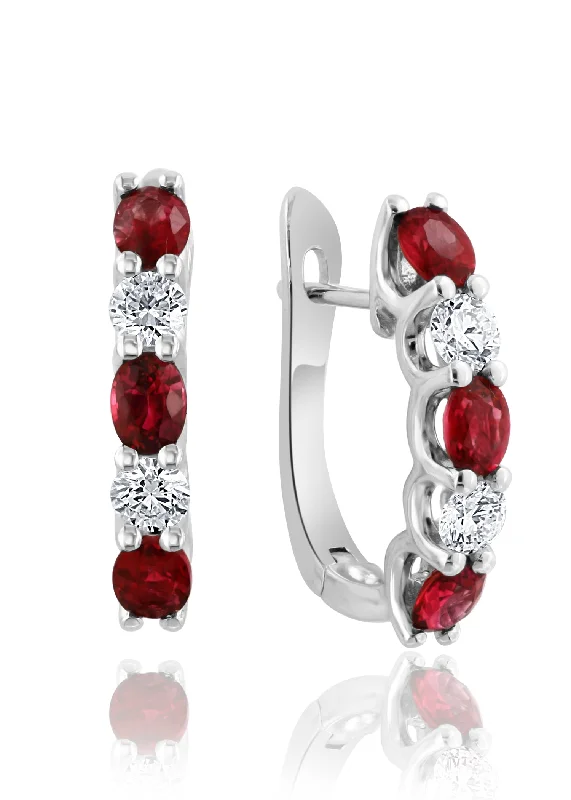 women's earrings fashion-forward jewelry -14K White Gold Ruby and Diamond Hoop Earrings