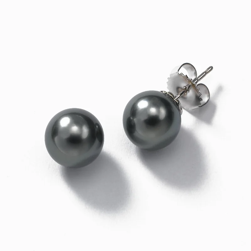 women's earrings climber design -Grey Tahitian Cultured Pearl Earrings, 9-10MM, 14K White Gold