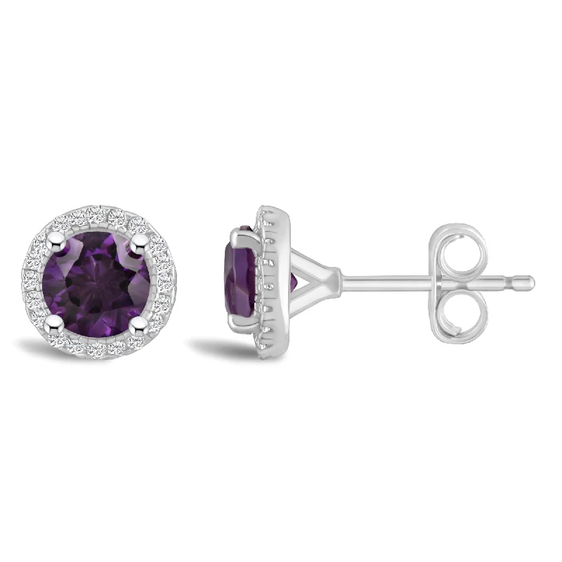 women's earrings anniversary gift -Round Amethyst and Diamond Halo February Birthstone Earrings in Sterling Silver