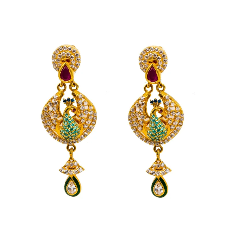 women's earrings pearl -22K Yellow Gold Chandbali Earrings W/ Rubies, Emeralds, Sapphires, CZ Gems & Peacock Pendant