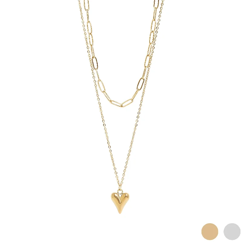 women's necklaces heart shape -18K Gold PVD Stainless Steel Loop and Paperclip Layered Chain Heart Charm Necklace / CHN0026