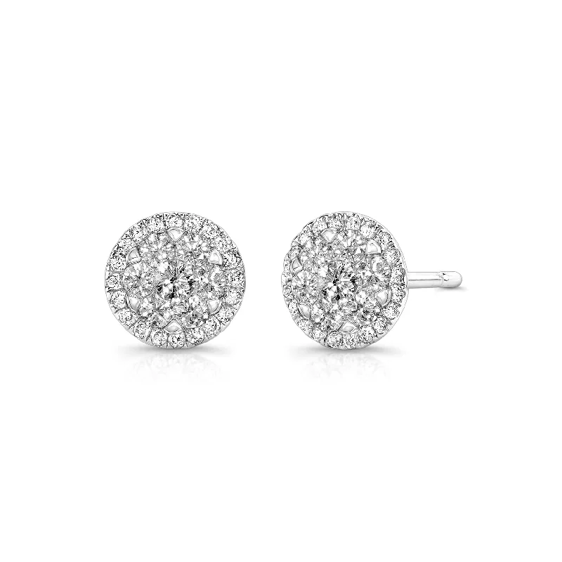 women's earrings delicate and dainty -Round Diamond Cluster Earrings, 14K White Gold