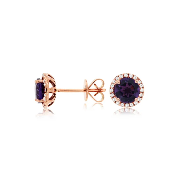 women's earrings dangle design -14 Karat Rose Gold Ametyst and Diamond Halo Earrings