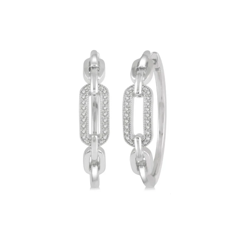 women's earrings delicate twisted design -Sterling Silver 1/10 Carat Diamond Paper Clip Hoop Earrings