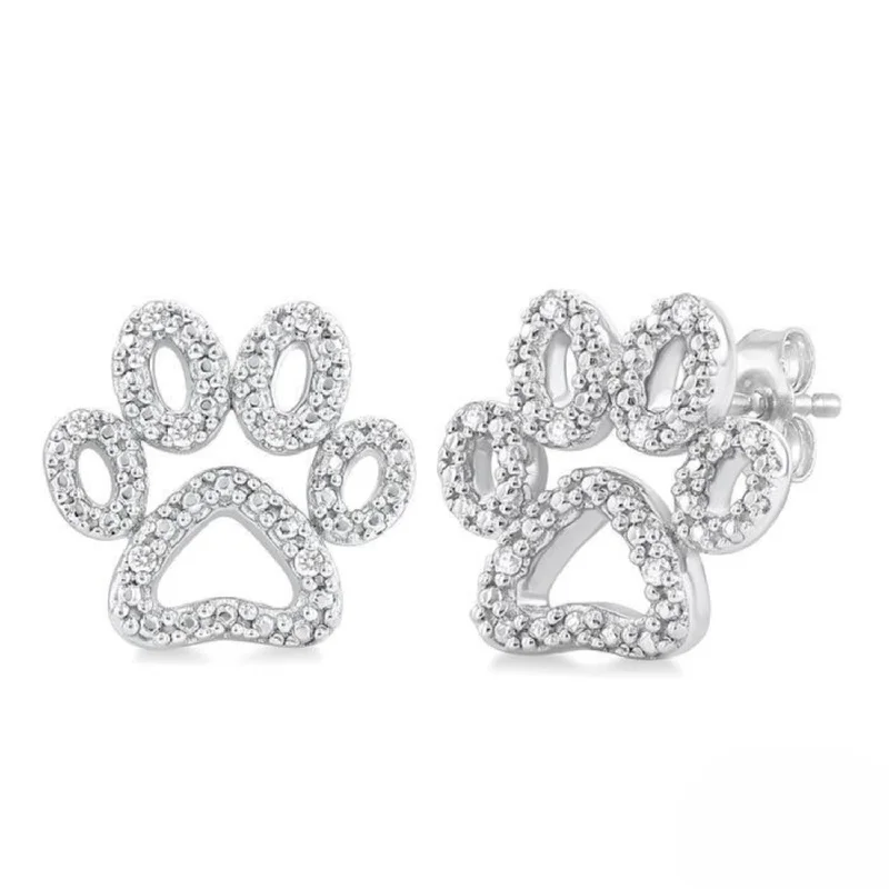 women's earrings celebrity style -Silver Dog Paw Diamond Fashion Earrings