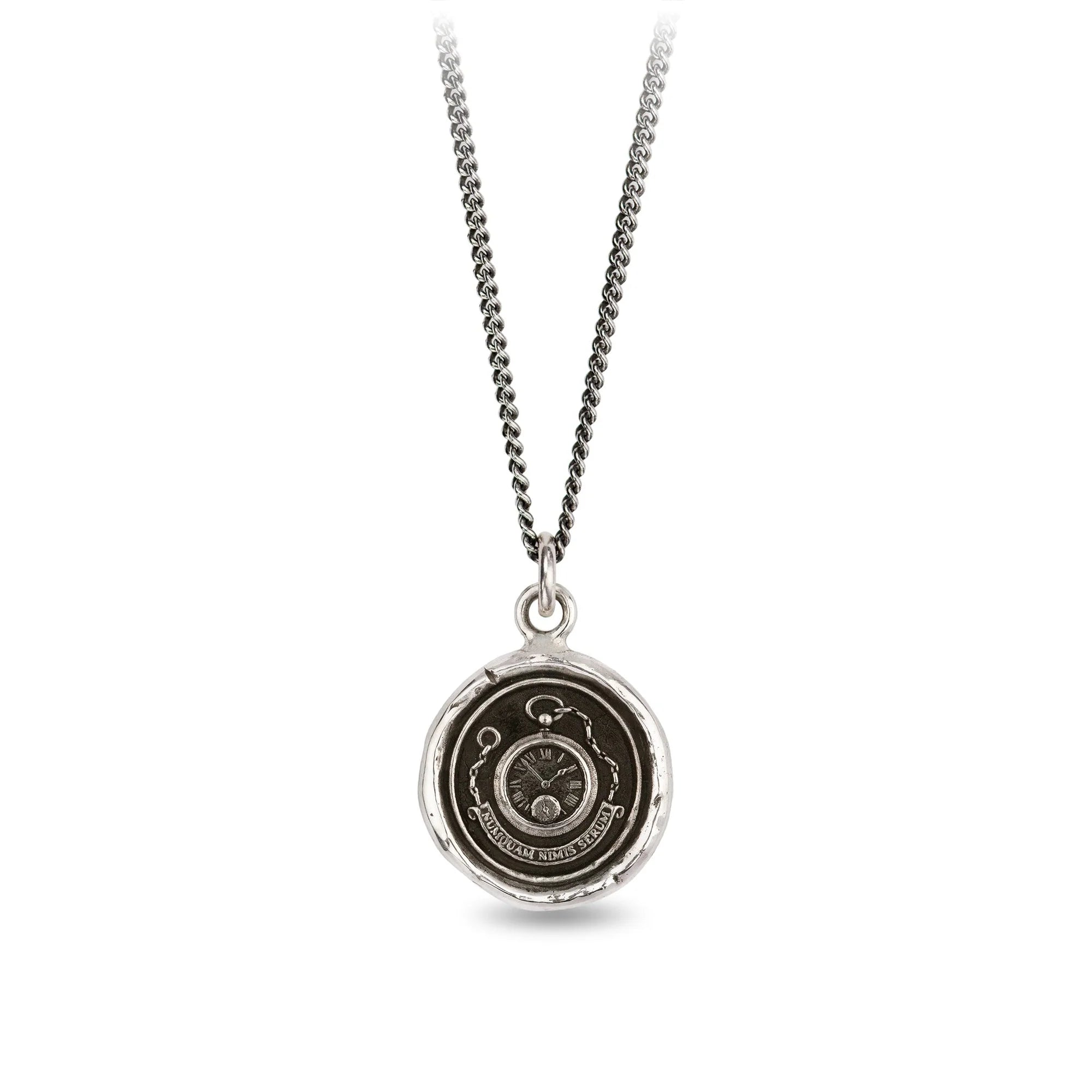 women's necklaces modern style -Pyrrha Sterling Silver "Never Too Late" Talisman Pendant on 18" Oxidized Cable Chain Necklace