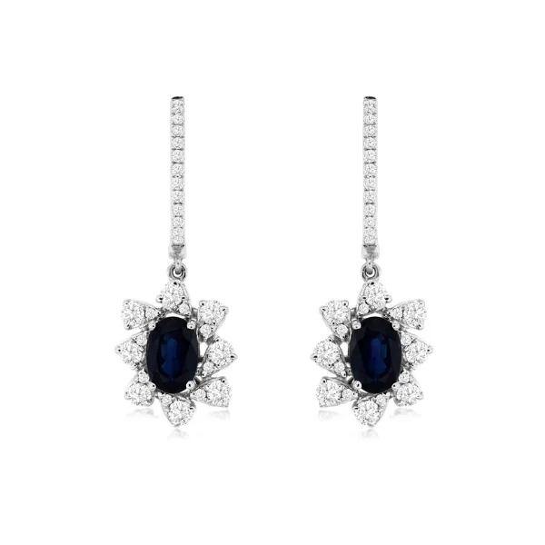 women's earrings tassel style -14 Karat White Gold 1 9/10 Carat Oval Sapphire Diamond Halo Earrings