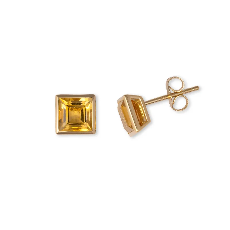 women's earrings glamorous evening wear -Citrine Square Cut Stud Earrings, 14K Yellow Gold