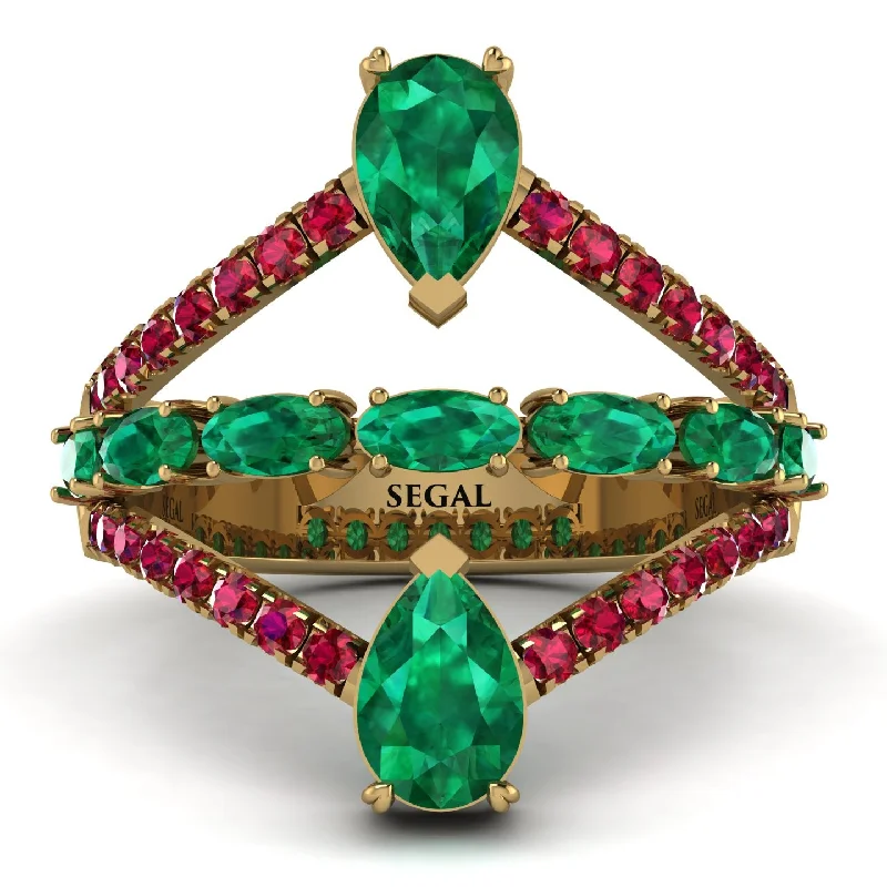 women's ring classic style -Symmetrical Twist Shank Pear Emerald Ring - Eliza No. 49