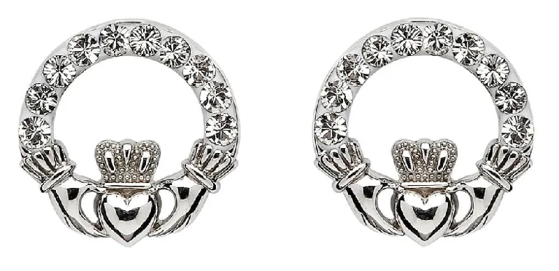 women's earrings threader style -Sterling Silver Claddagh Earrings Adorned By Crystals SW47