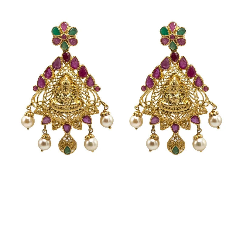 women's earrings Valentine's Day gift -22K Yellow Gold Earrings W/ Rubies, Emeralds, Pearls & Engraved Laxmi Pendant