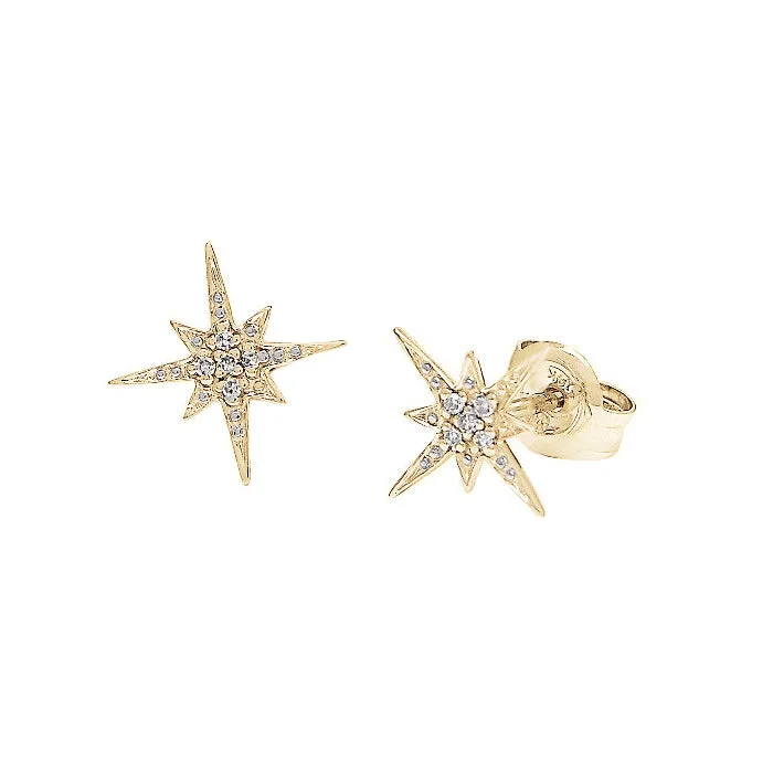 women's earrings celestial moon and stars -Diamond Starburst Stud Earrings, 14K Yellow Gold