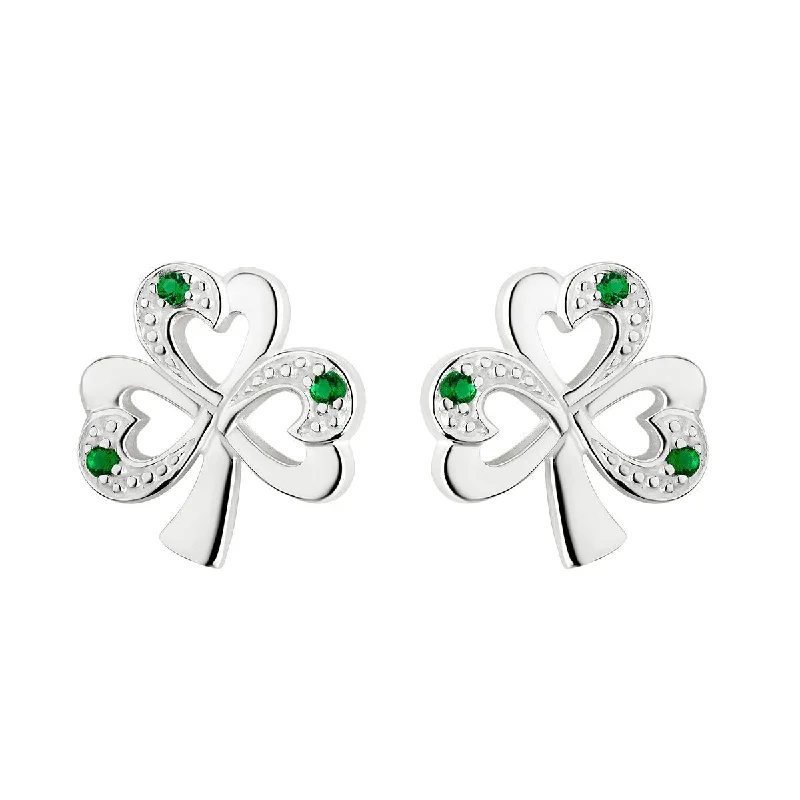 women's earrings threader style -Sterling Silver Green CZ Shamrock Stud Earrings - S33152