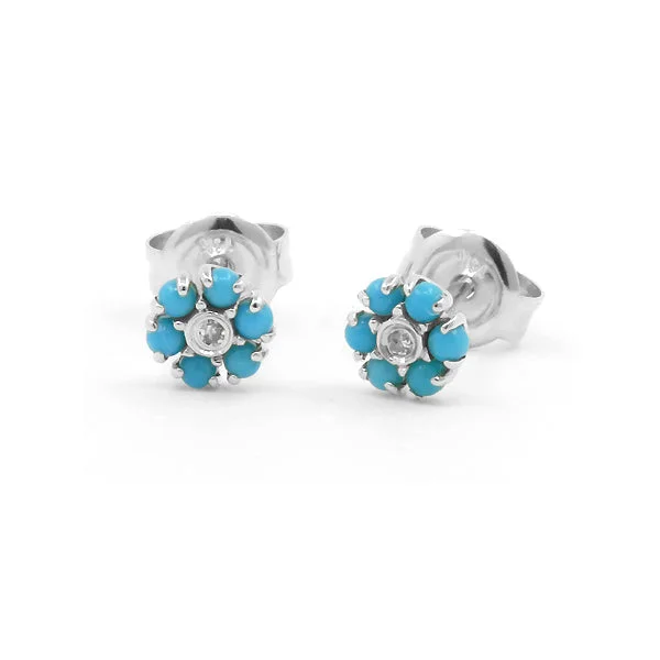 women's earrings celestial moon and stars -Petite Turquoise and Diamond Flower Earrings, 14K White Gold