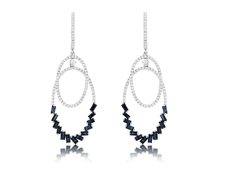 women's earrings vintage style -White Gold Mordern DIamond And Sapphire Drop Earrings