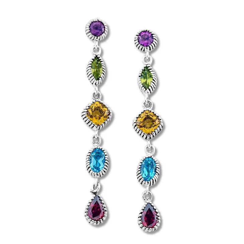 women's earrings bold and stylish -Multi Gemstone Dangle Earrings, Sterling Silver