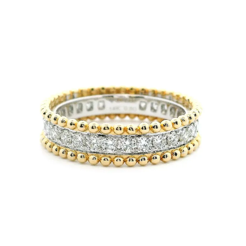 women's ring luxury gemstone set -14K Yellow & White Gold 0.80cttw. Diamond Center Beaded Edge Fashion Ring