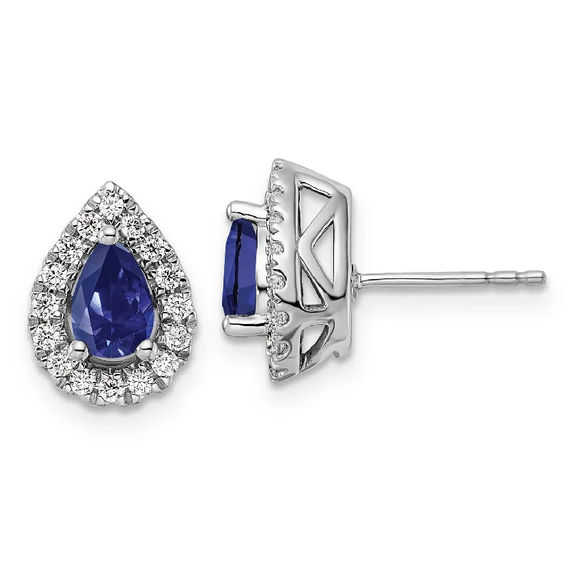 women's earrings drop style -Created Pear Shape Sapphire Diamond Halo Earrings in 10 Karat White Gold