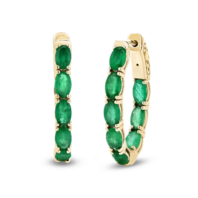 women's earrings stacking charm -Oval Emerald Inside Out Hoop Earrings, 14K Yellow Gold