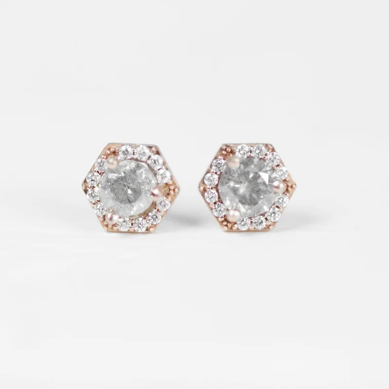 women's earrings special occasion -Hexagon Halo Earrings with Light Gray Salt and Pepper Diamonds - Made to Order, Choose Your Gold Tone