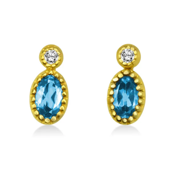 women's earrings antique design -Oval Blue Topaz and Diamond Earrings Set in 14K Yellow Gold