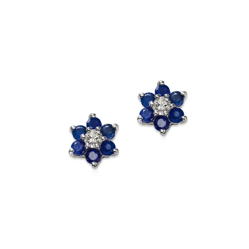 women's earrings fashion-forward jewelry -Blue Sapphire and Diamond Flower Earrings, 14K White Gold