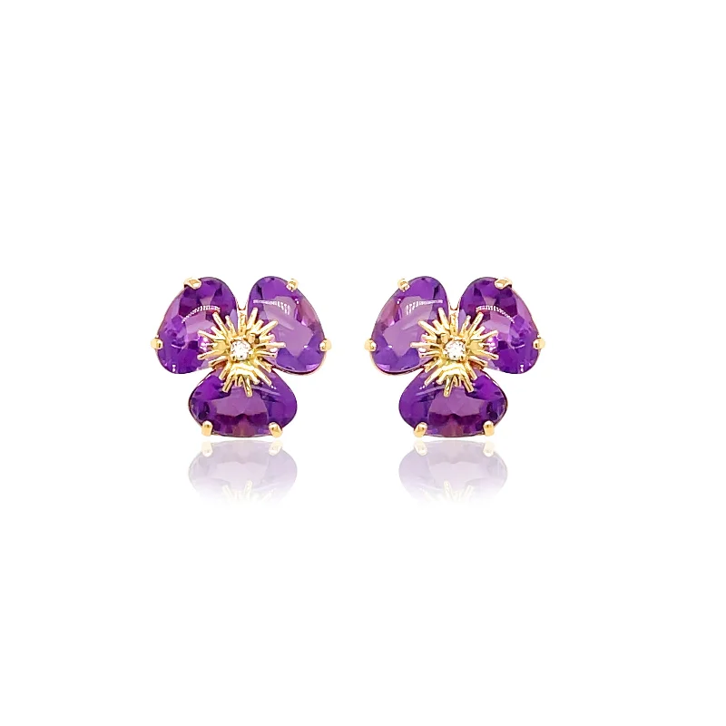 women's earrings modern contemporary -Amethyst Flower Pansy Earrings, 18K Yellow Gold