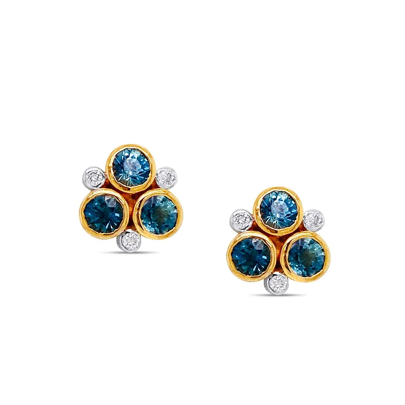 women's earrings handcrafted statement -Sapphire and Diamond Cluster Earrings, 18K Yellow Gold