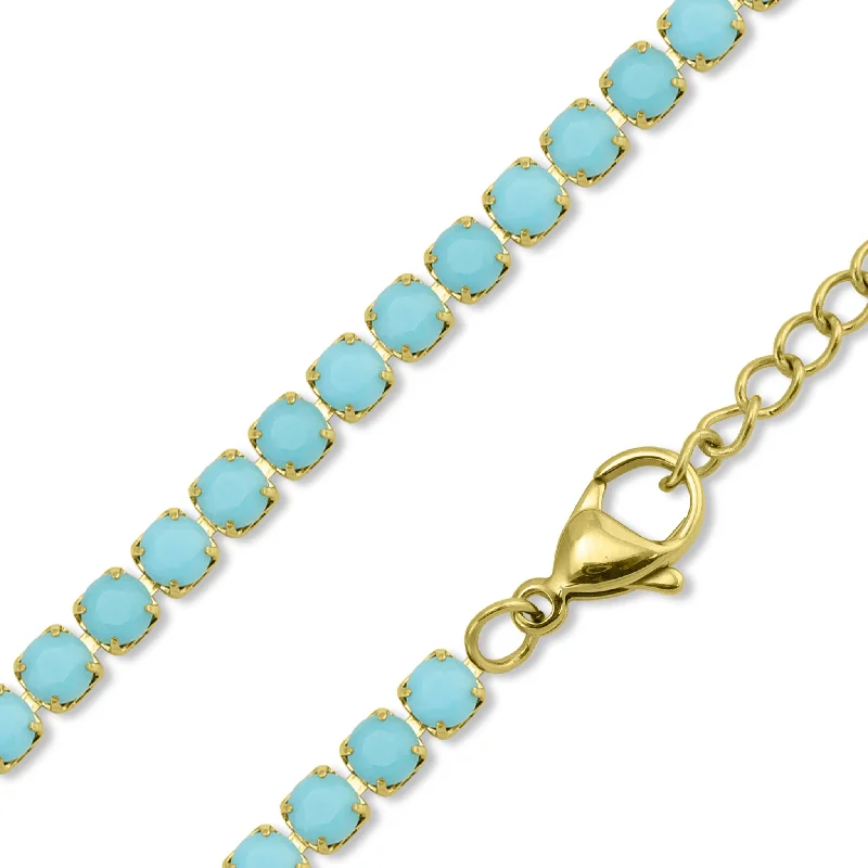 women's necklaces delicate chain -18k Gold PVD Coated Stainless Steel Turquoise Rhinestone Tennis Chain Necklace With 2" Extension / TNN0006