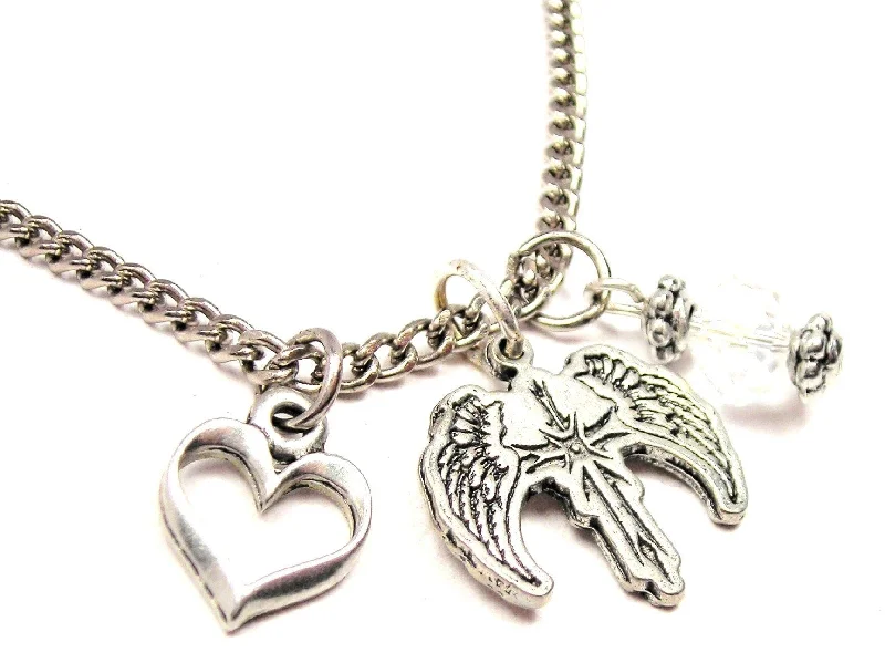 women's necklaces vintage style -Cross With Wings Necklace with Small Heart