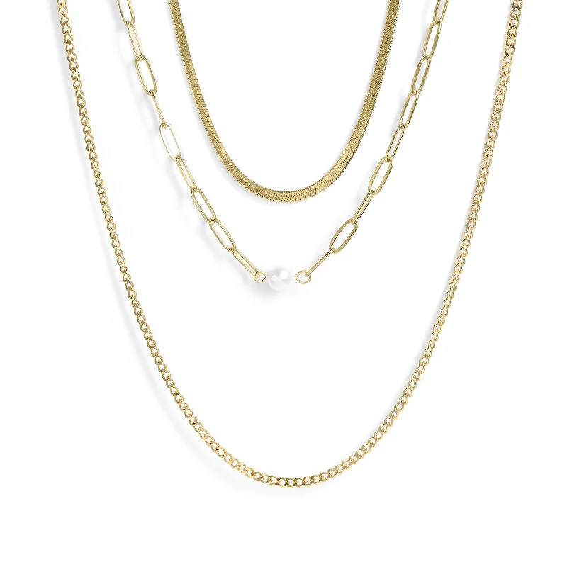 women's necklaces high-end jewelry -45 pc 18K Gold PVD Pearl Layered Necklace Set / BND0031