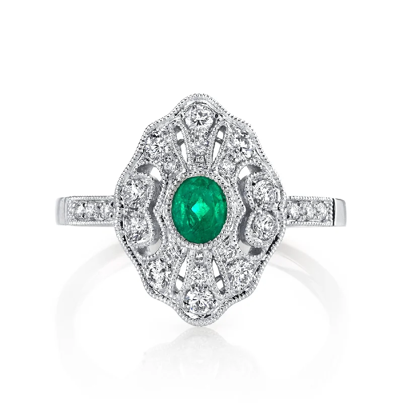 women's ring handmade design -14K White Gold 0.24ct. Emerald & 0.35ct. Diamond Filigree & Milgrain Detailing Fashion Ring