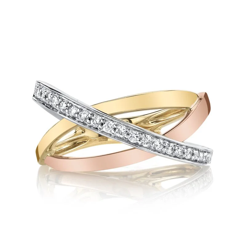 women's ring celestial theme -14K Tri-Tone Gold 0.24ct. Diamond Multi Band Crossover Fashion Ring